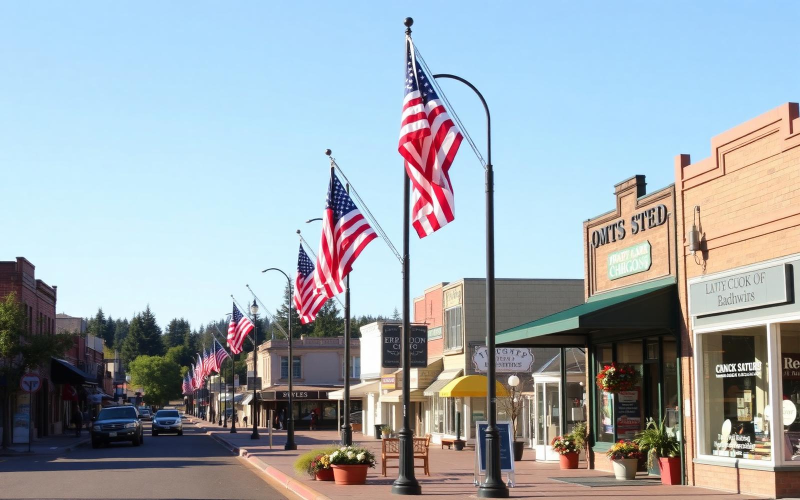 Small town main street with American flags